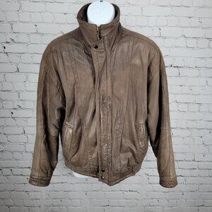 VTG Aggio Brown Genuine Soft Leather Full Zip Snap Pockets Bomber Jacket Large L